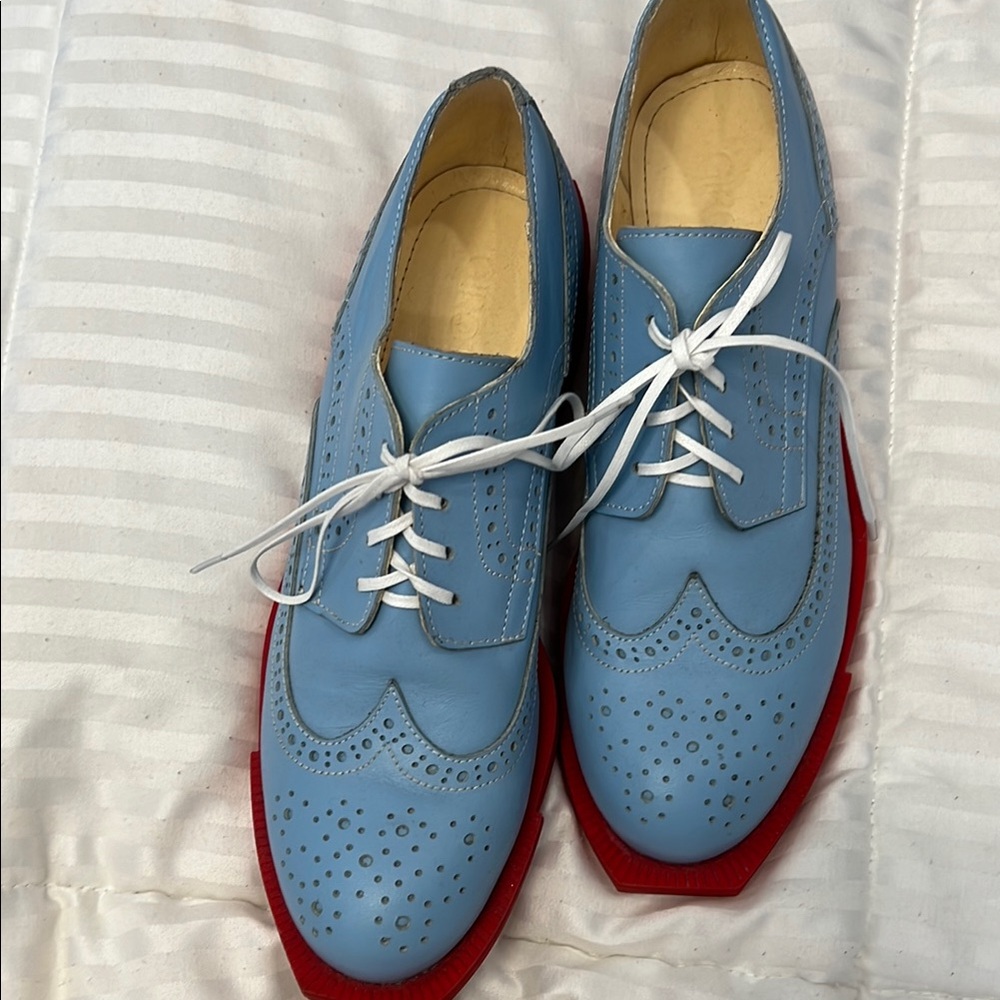 Girotti Italian Blue and Red Flats with Brogue Detailing